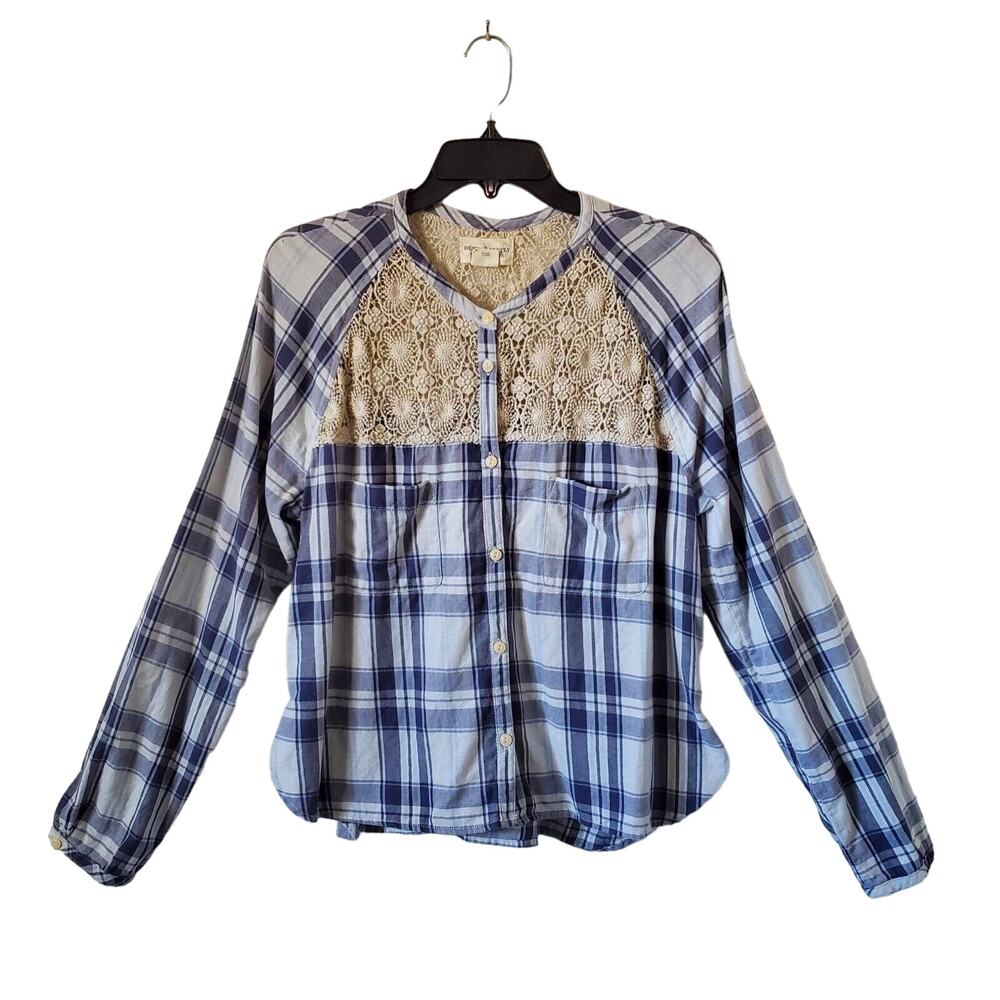 Denim & Supply Ralph Lauren Button Up Womens L Blue Plaid Crochet Pockets Top